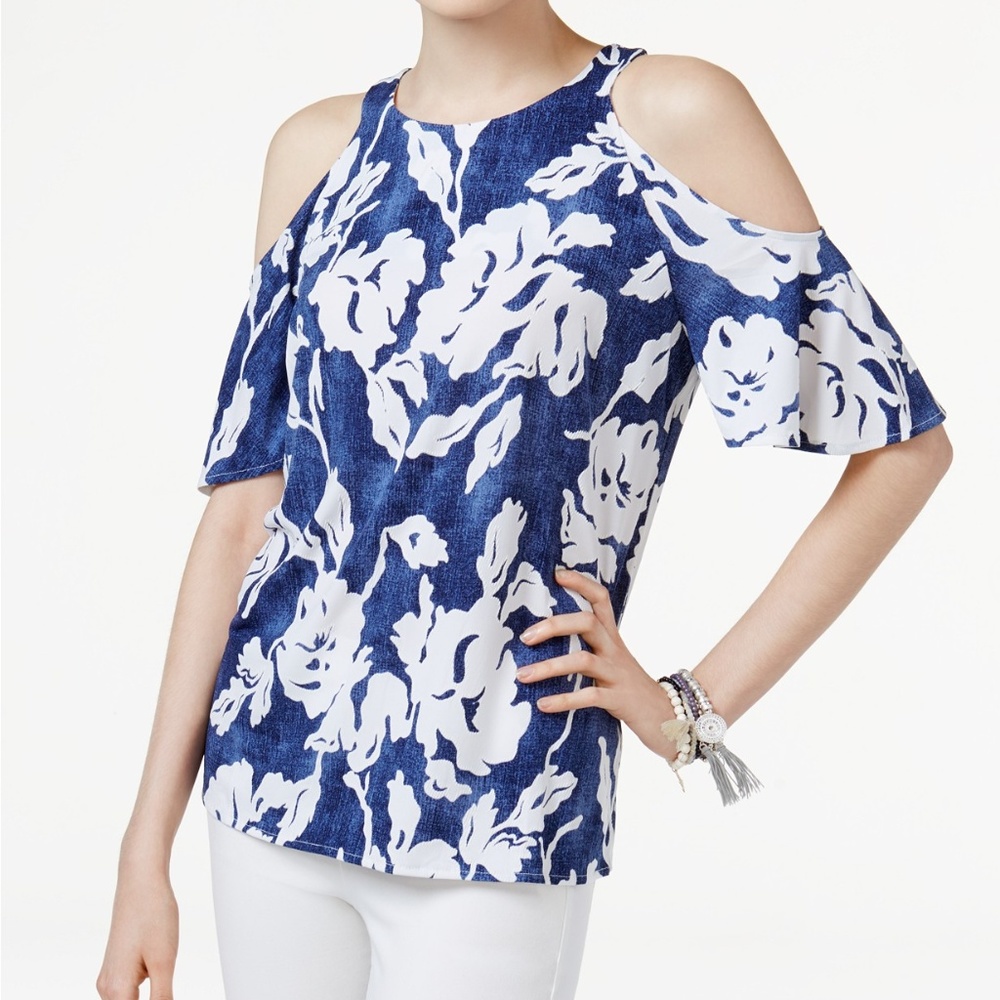 INC  Floral-Print Cold-Shoulder Top